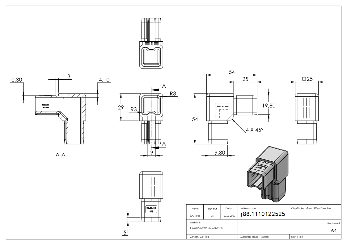 Connecteur 90° pour tube 25x25x2mm, V4A