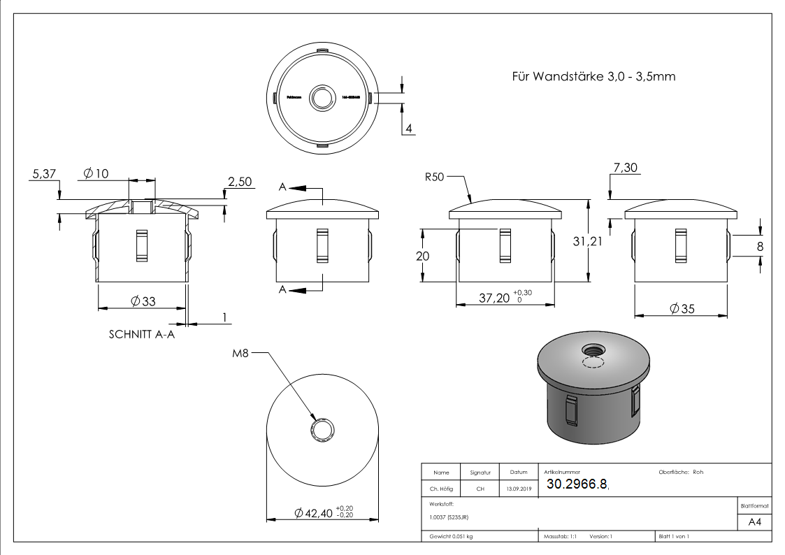 Bouchon en acier | avec M8 | légèrement courbé | pour tube Ø 42,4 x 3,0-3,5 mm | acier (brut) S235JR