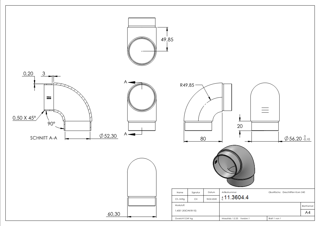 Coude 90° rond, pour tube rond Ø 60.3x2.0 mm V2A