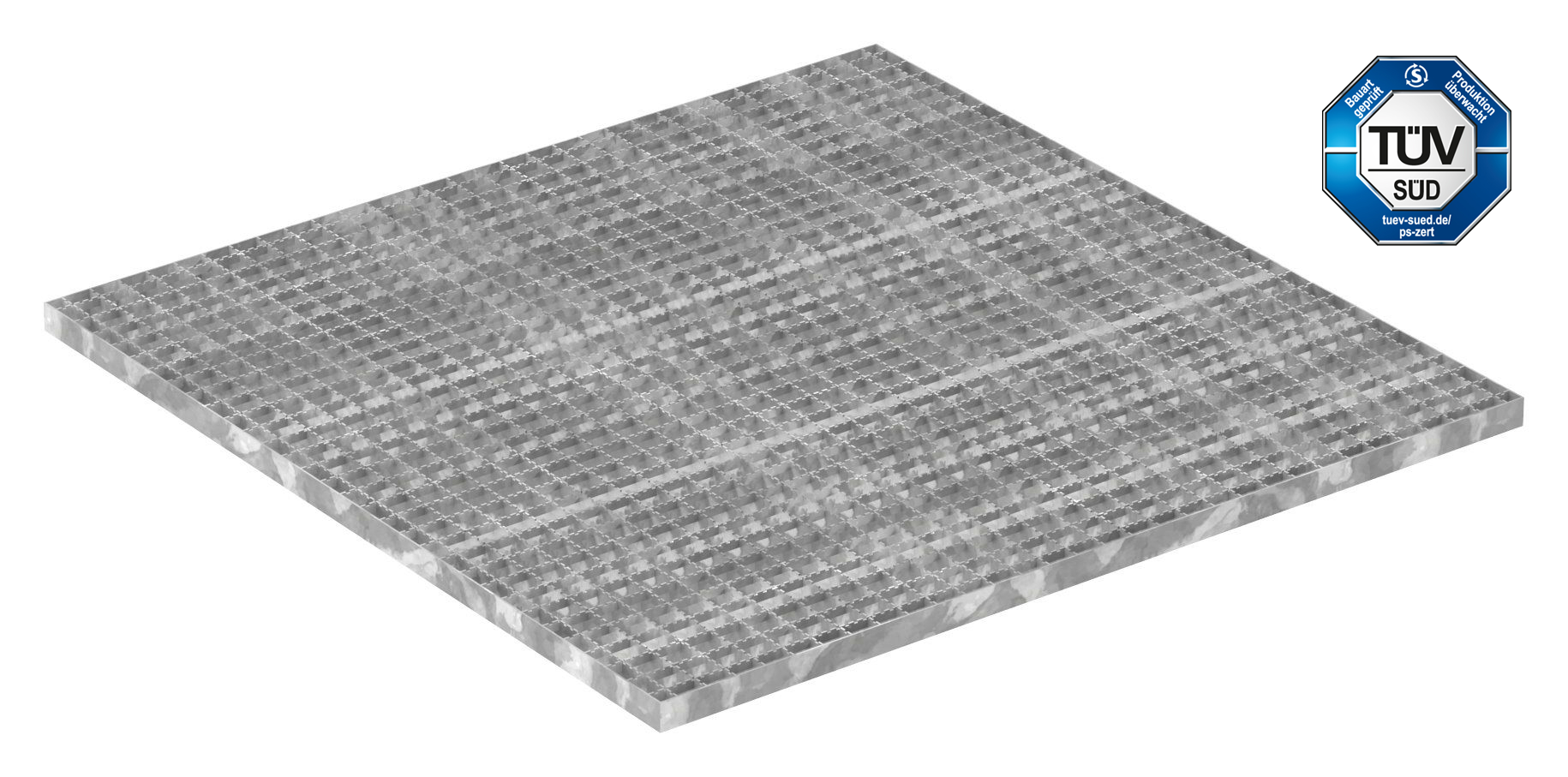 caillebotis industriel | dimensions : 1000x1000 mm ; 30/30 mm ; 30/2 mm R12 | S235JR (St37-2), galvanisé à chaud en bain complet