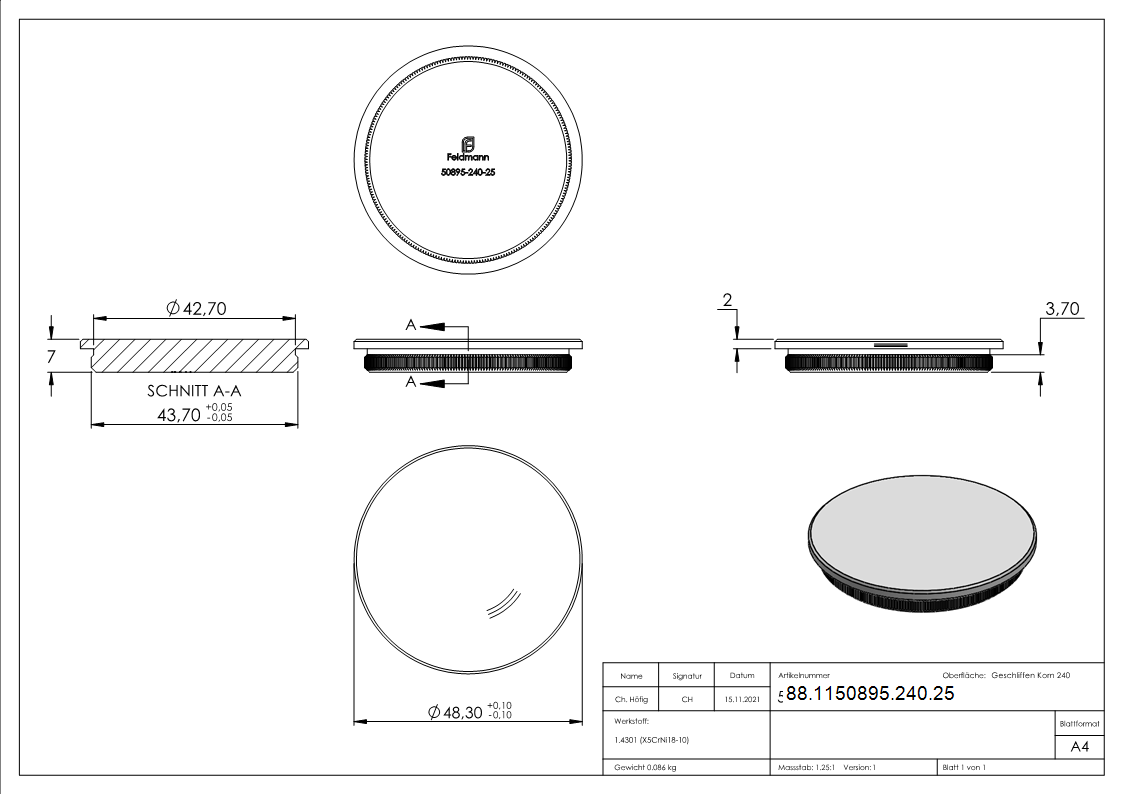 Bouchon, pour tuyau 48,3 x 2,5mm, V2A