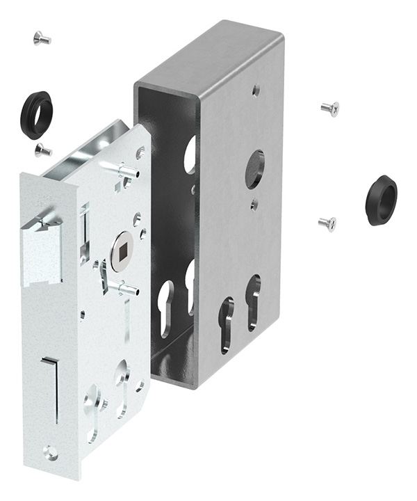 Boîtier de serrure | pour 2 cylindres profilés | dimensions : 40x94,5x173 mm | acier S235JR, brut