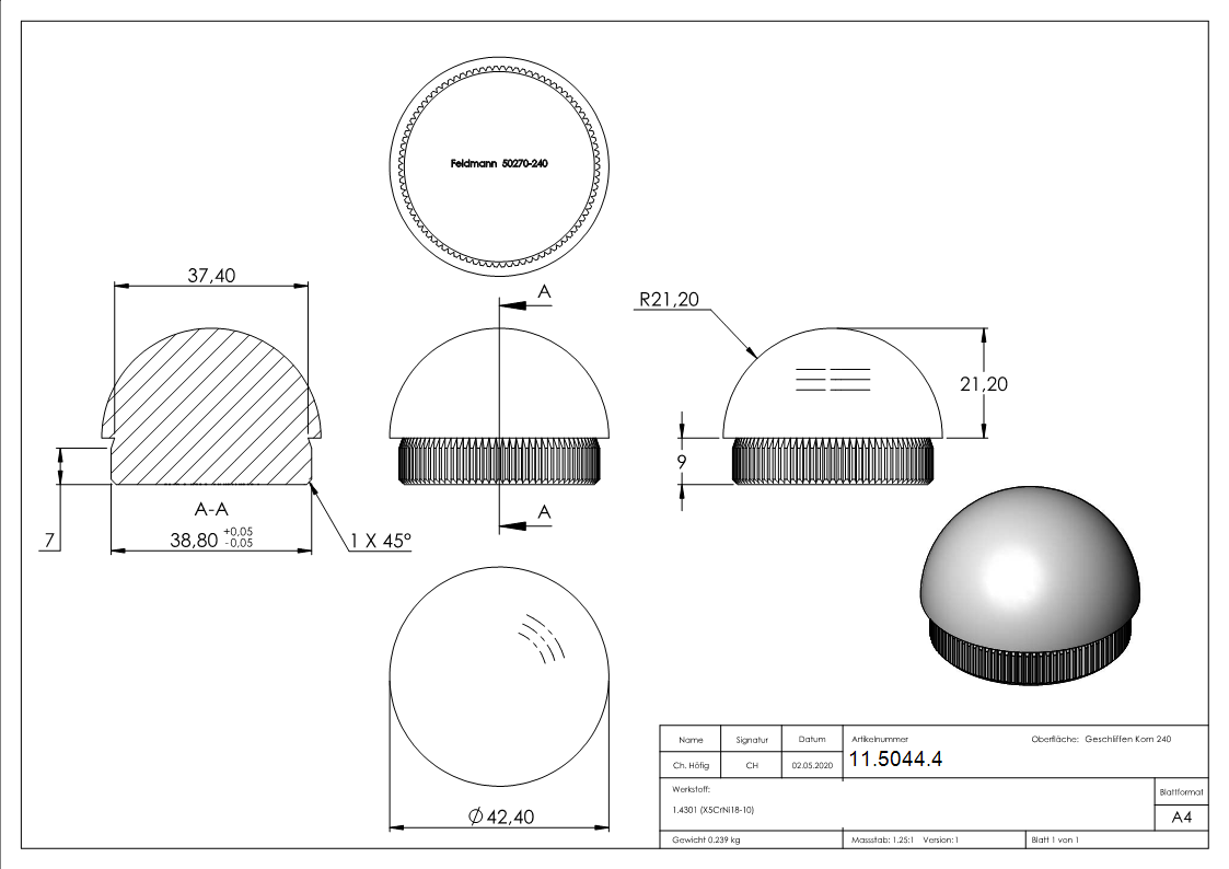 Bouchon demi-rond V2A matériau plein pour Ø 42,4x2,0 mm
