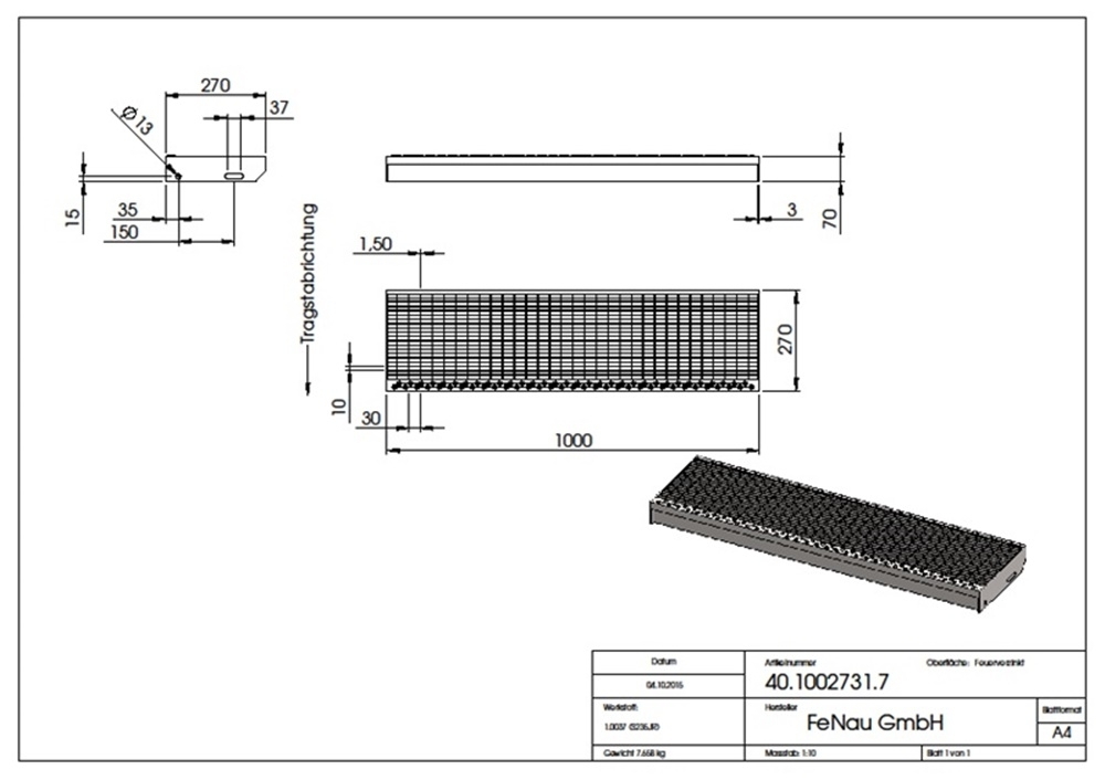 Marche en caillebotis Marche d'escalier | Dimensions : 1000x270 mm 30/10 mm | S235JR (St37-2), galvanisé à chaud en bain complet
