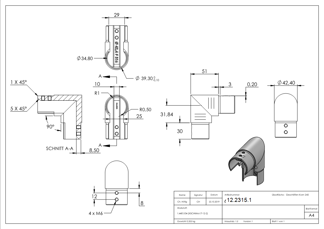 Cadre d'angle 90° | vertical | pour tube rainuré Ø 42.4 mm | V4A
