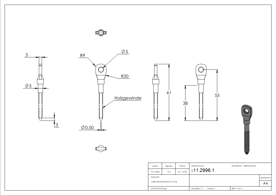 Boulon à œil avec filetage en bois M5 V4A