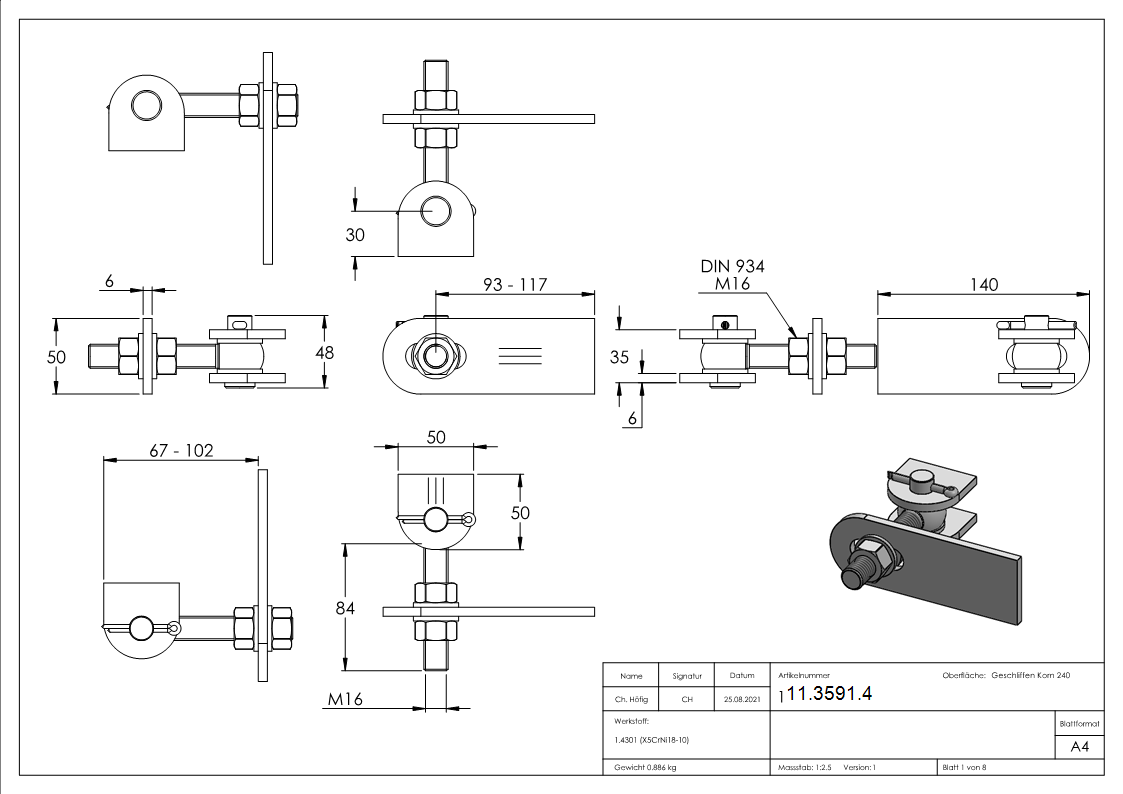 Charnière de portail | M16 | 180° | réglable | V2A