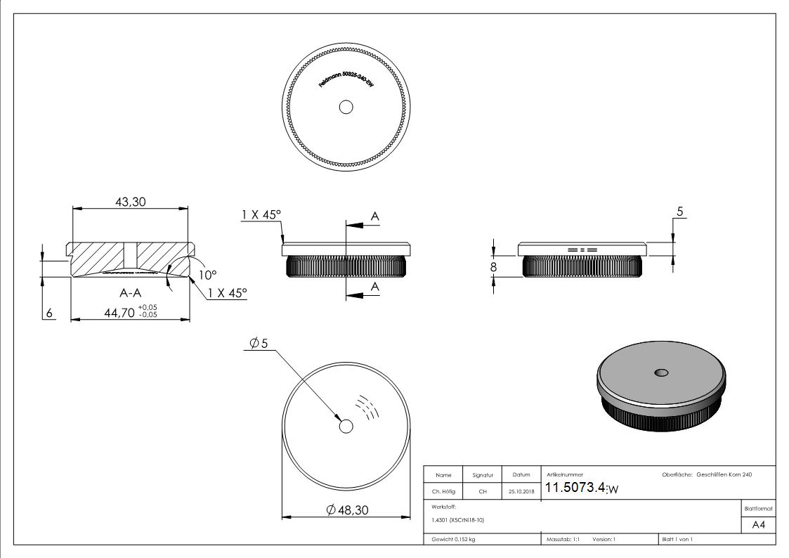 Bouchon plat V2A en matériau plein pour Ø 48,3x2,0 mm avec trou de drainage 5 mm