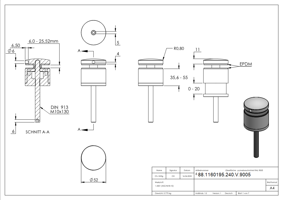 Glaspunkthalter 52mm- flach- verstellbar- V2A- pulverbeschichtet in RAL 9005 schwarz matt-88-1160195-240-V.9005