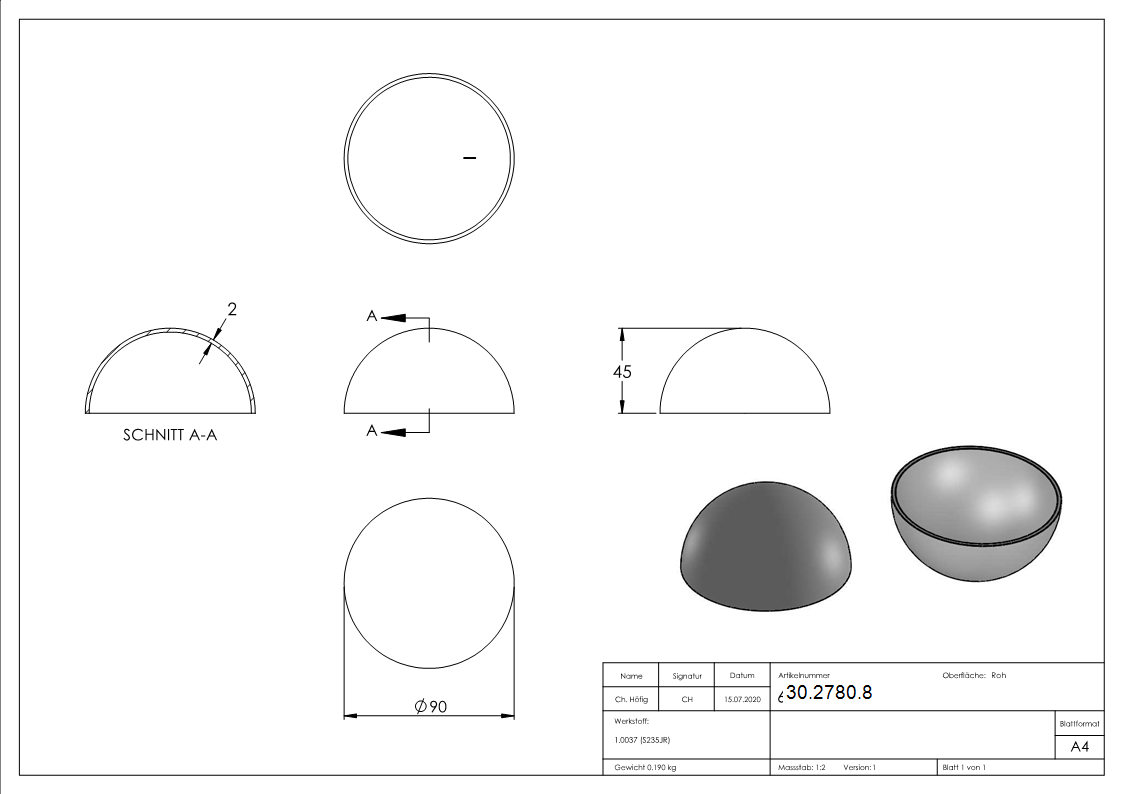 Boule semi creuse Ø 90 mm | lisse | acier S235JR, brut
