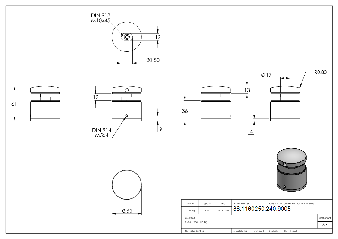 Glaspunkthalter 52mm- flach- verstellbar- V2A- pulverbeschichtet in RAL 9005 schwarz matt-88-1160250-240.9005