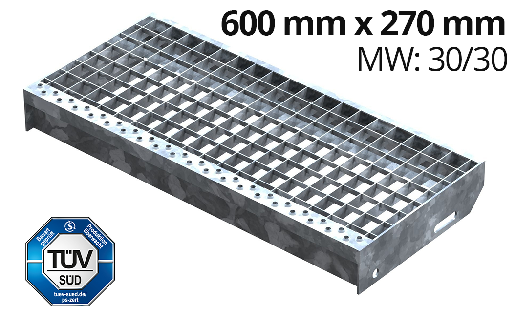 Marche en caillebotis Marche d'escalier | Dimensions : 600x270 mm 30/30 mm | S235JR (St37-2), galvanisé à chaud en bain complet