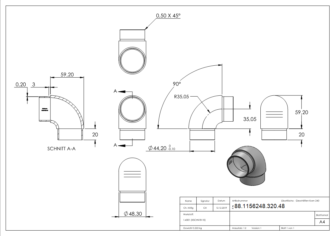 Coude 90° étroit, pour tube 48.3 x 2.0mm