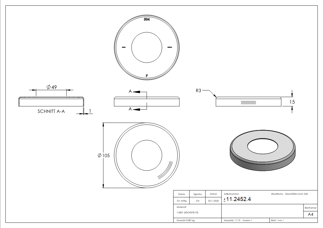 Rosette de couverture V2A 105x15 pour tube rond 48,3 mm