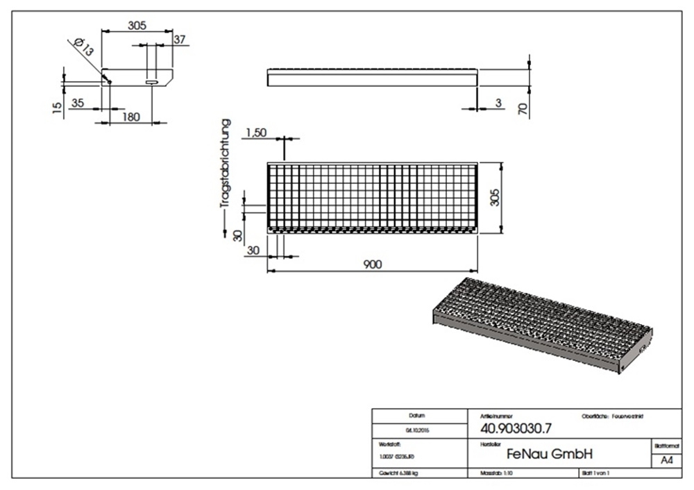 Marche en caillebotis Marche d'escalier | Dimensions : 900x305 mm 30/30 mm | S235JR (St37-2), galvanisé à chaud en bain complet