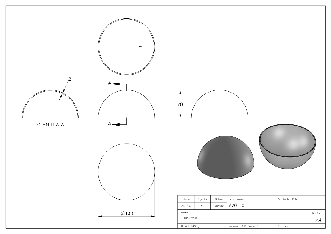 Demi-boule creuse 140mm