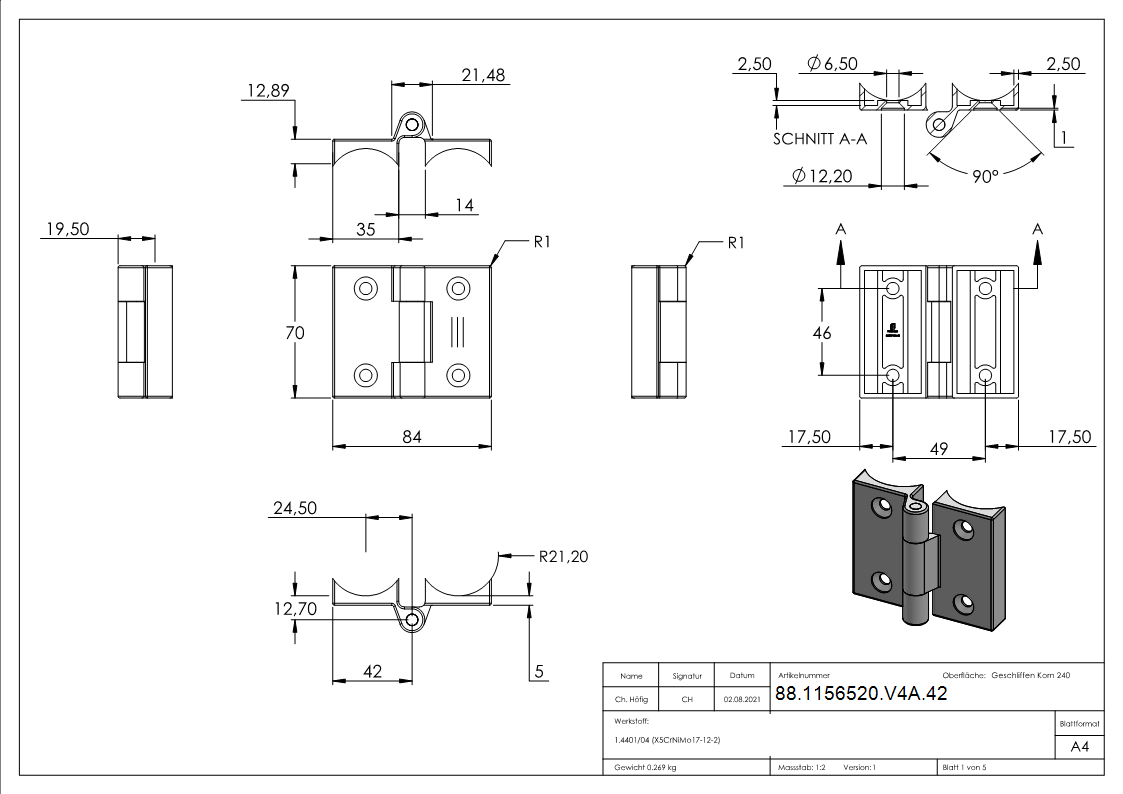 Charnière à visser pour tube 42,4mm, V4A