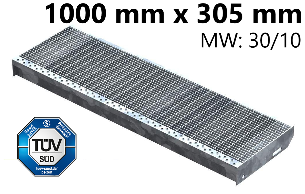 Marche en caillebotis Marche d'escalier | Dimensions : 1000x305 mm 30/10 mm | S235JR (St37-2), galvanisé à chaud en bain complet