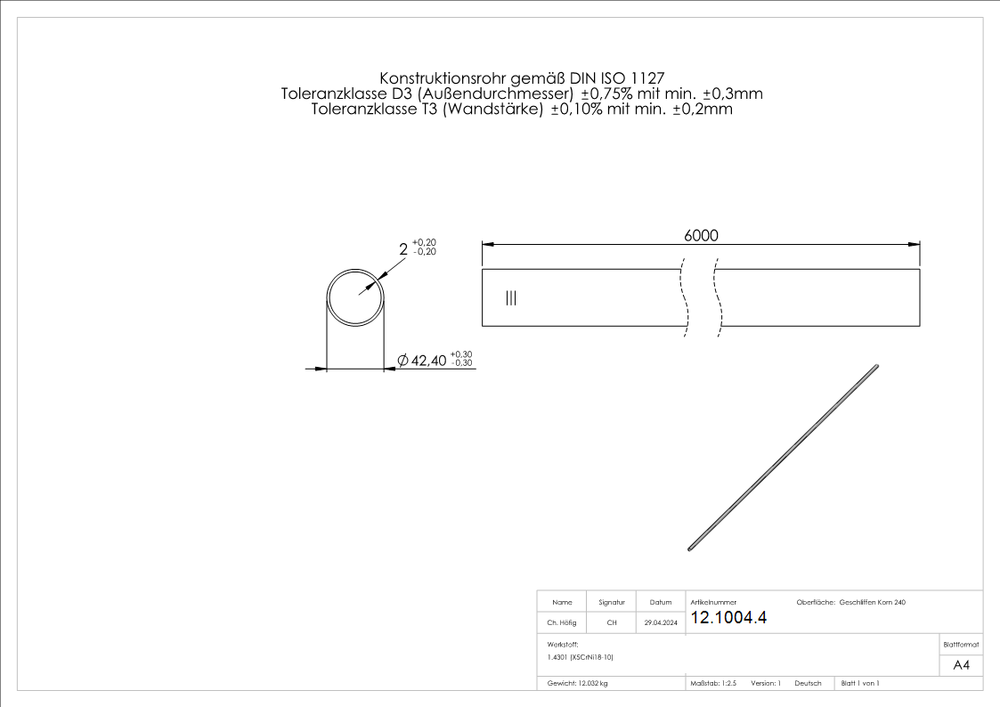 Tube rond Ø 42,4x2,0 mm á 6 m V2A