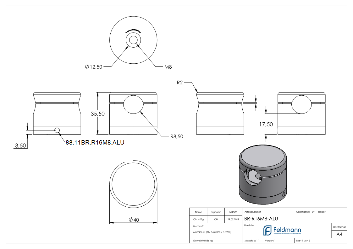 Support de base Brenk pour barres Ø 16mm, ALU