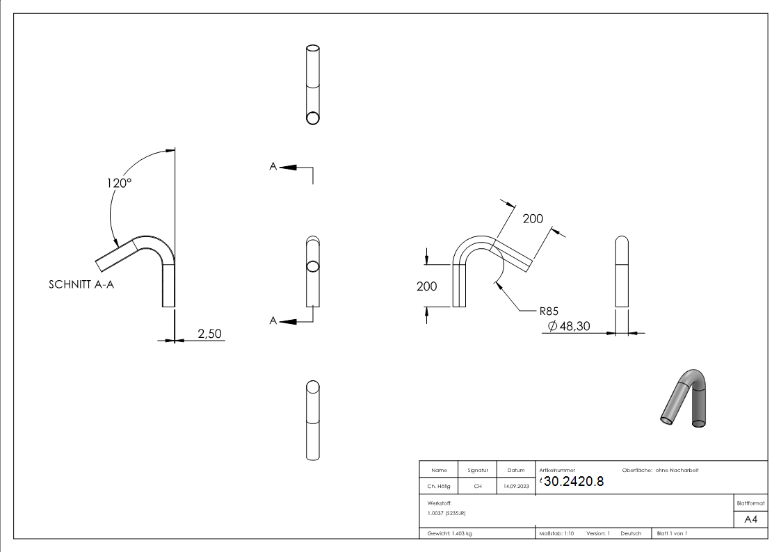 Cintrage de tube d'acier | 120° | 48.3x2.5 mm | Acier S235JR, brut