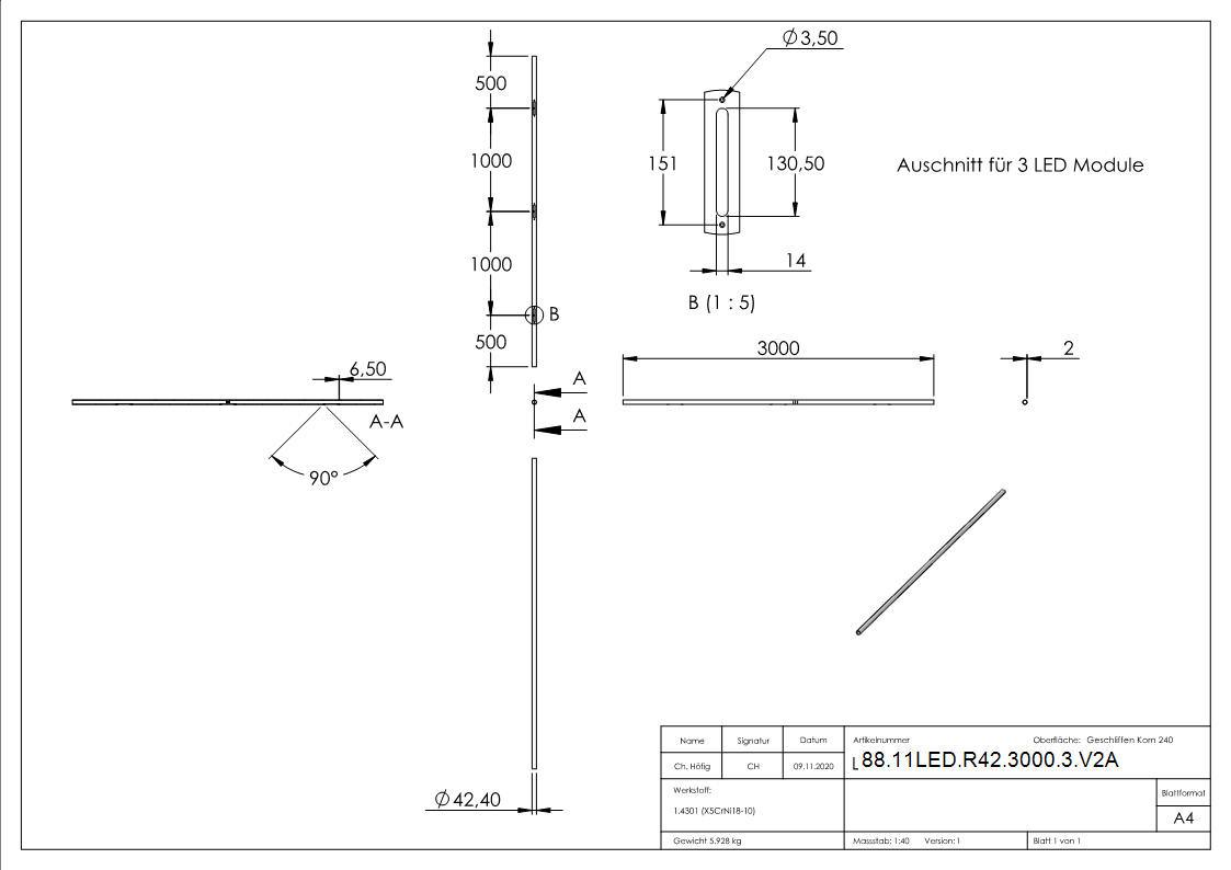 Tube en acier inoxydable 42,4 x 2,0 mm pour les modules LED
