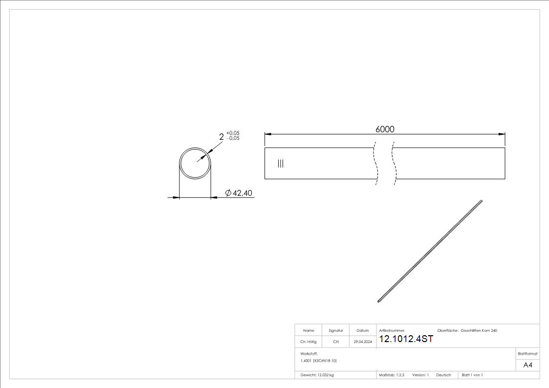 Tube rond Ø 42,4 x 2,0 mm adapté aux raccords à emboîter á 6 m