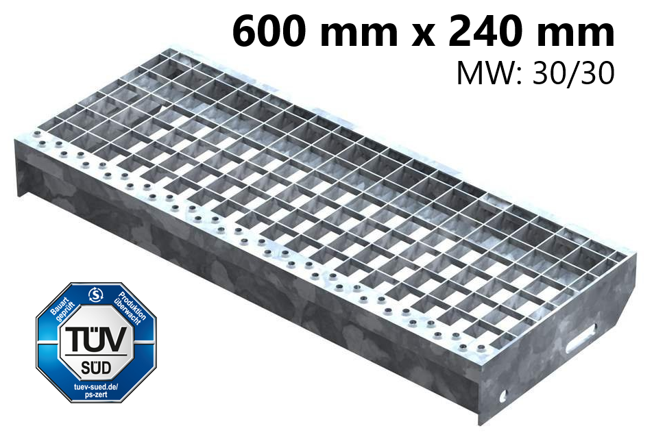 Marche en caillebotis Marche d'escalier | Dimensions : 600x240 mm 30/30 mm | S235JR (St37-2), galvanisé à chaud en bain complet