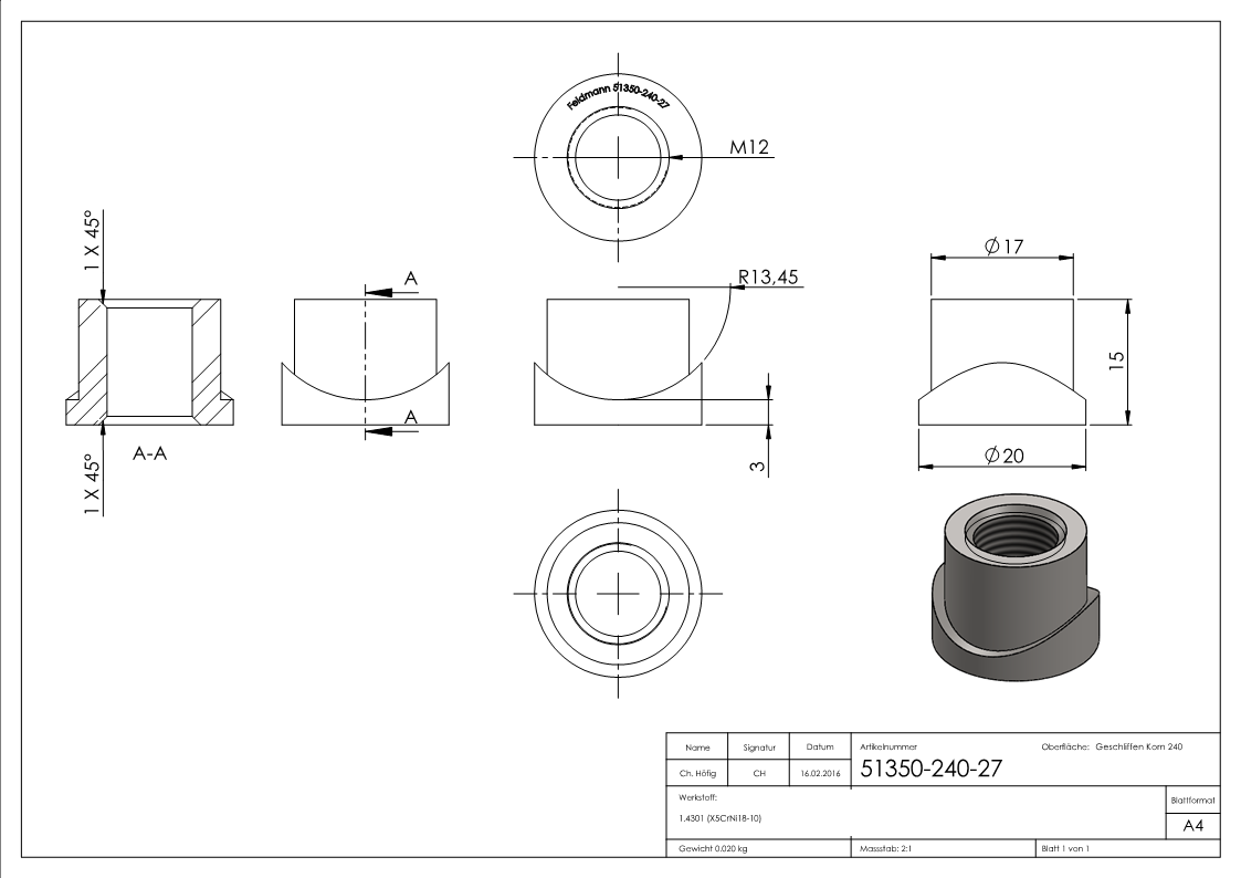 Manchon à souder pour charnière de porte M12 / 26,9mm