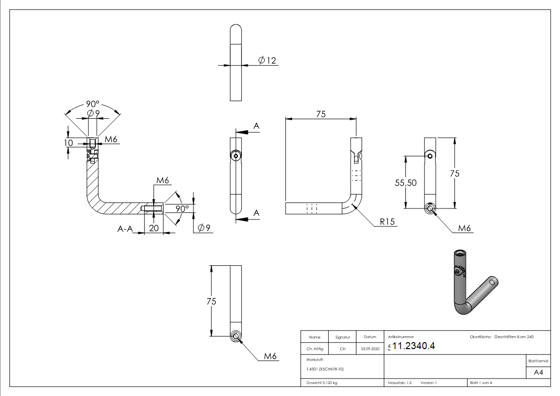 Equerre | Ø 12 mm | avec joint et 2x filetage femelle : M6 | V2A