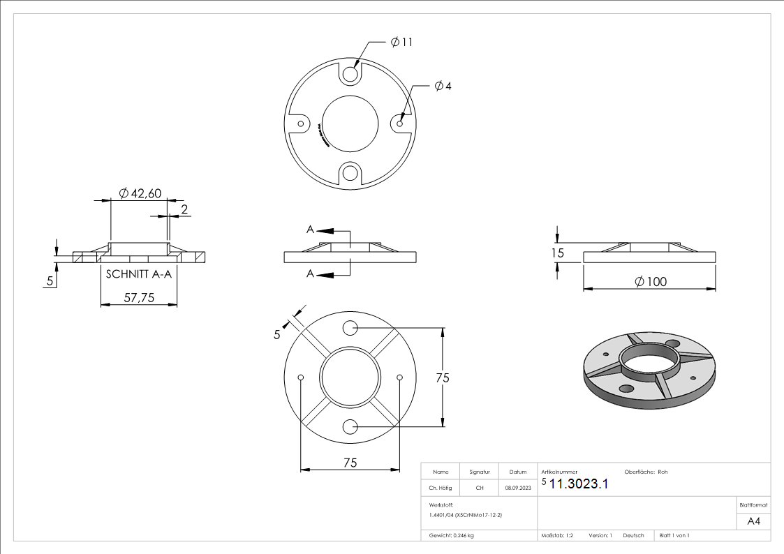 Plaque d'ancrage | dimensions : Ø 100 mm | pour tube rond : Ø 42,4 mm | V4A