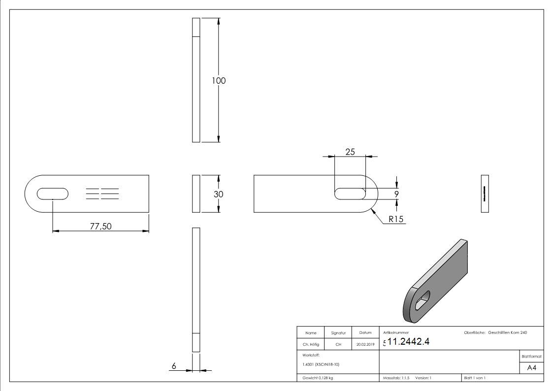 Patte de soudage | dimensions : 100x30x6 mm | avec trou oblong : Ø 25x9 mm | V2A