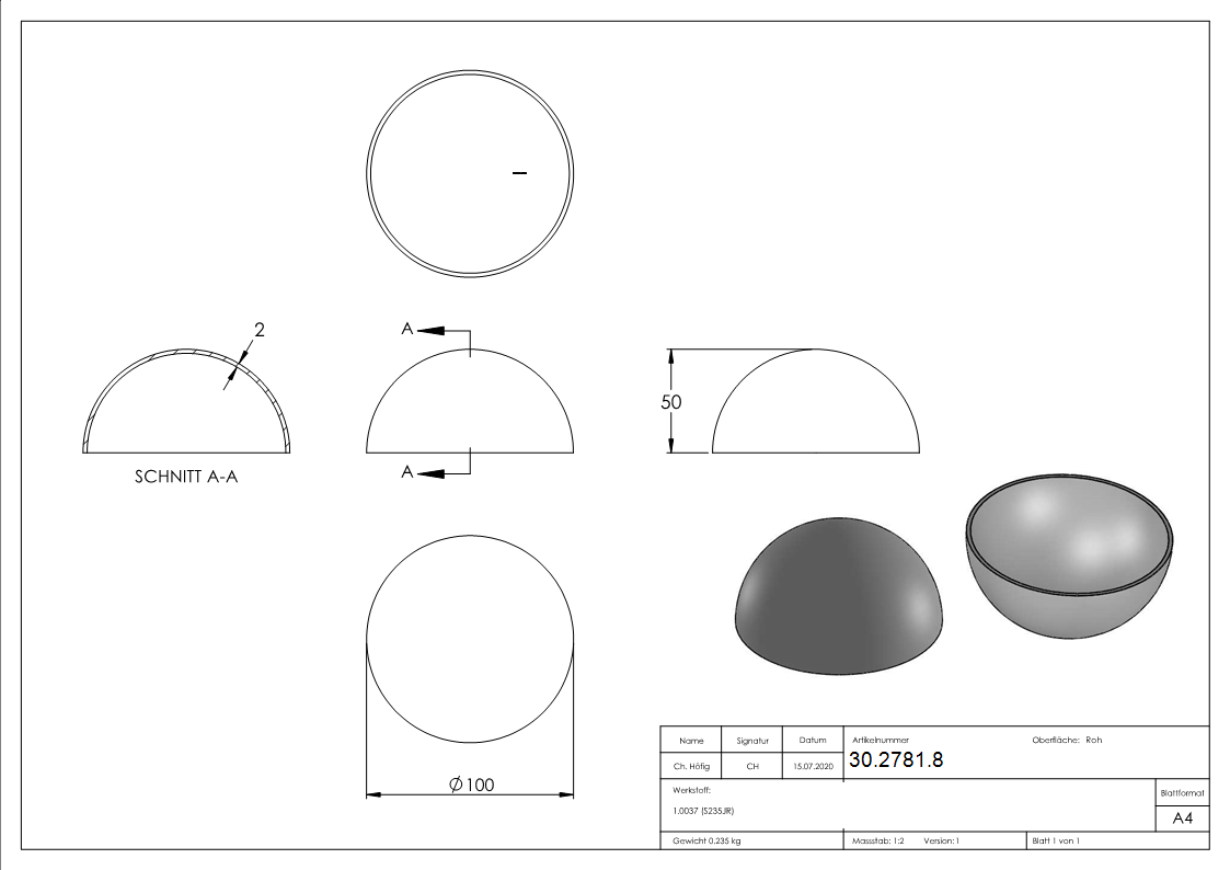 Boule semi creuse Ø 100 mm | lisse | acier S235JR, brut