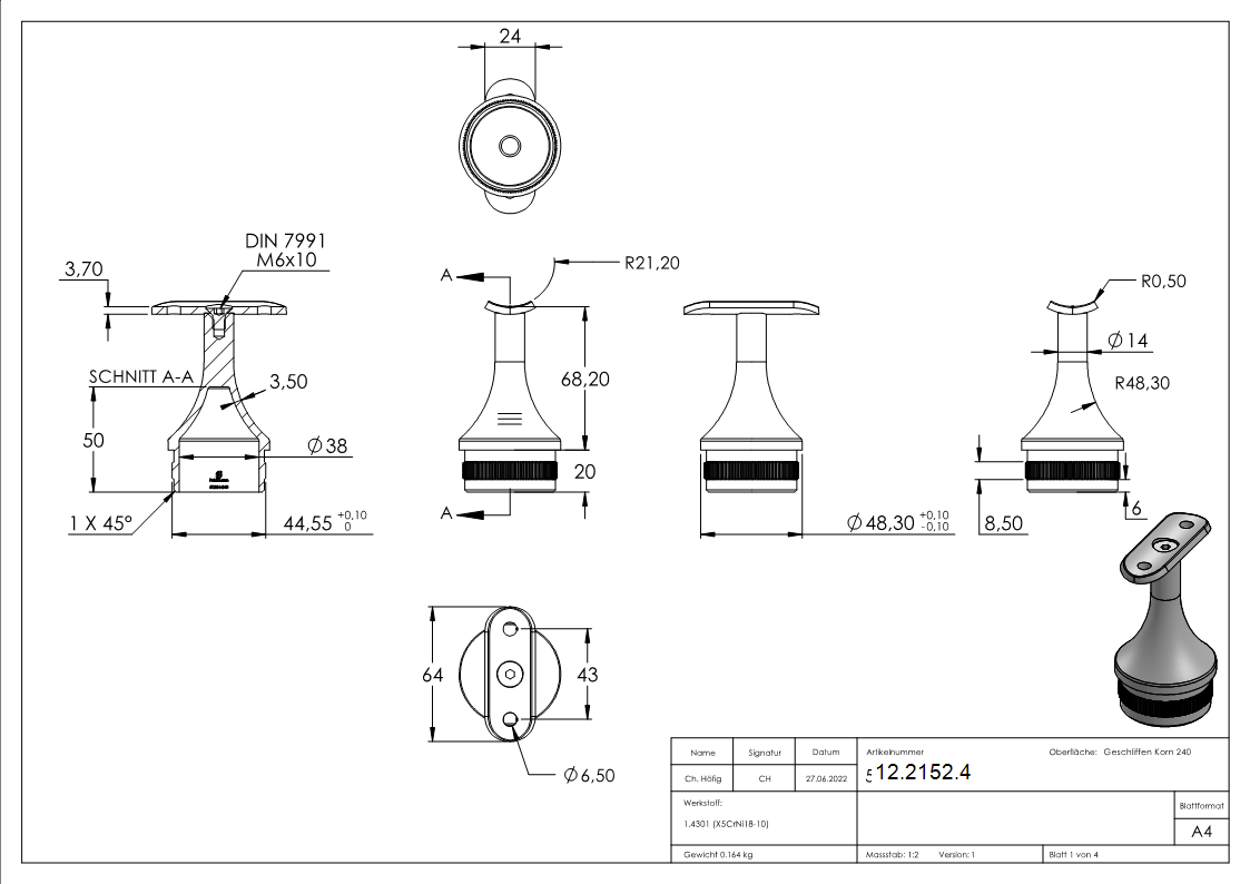 Support avec plaque de retenue pour tube rond Ø 42,4 mm Bouchon pour 48,3x2,0 mm V2A