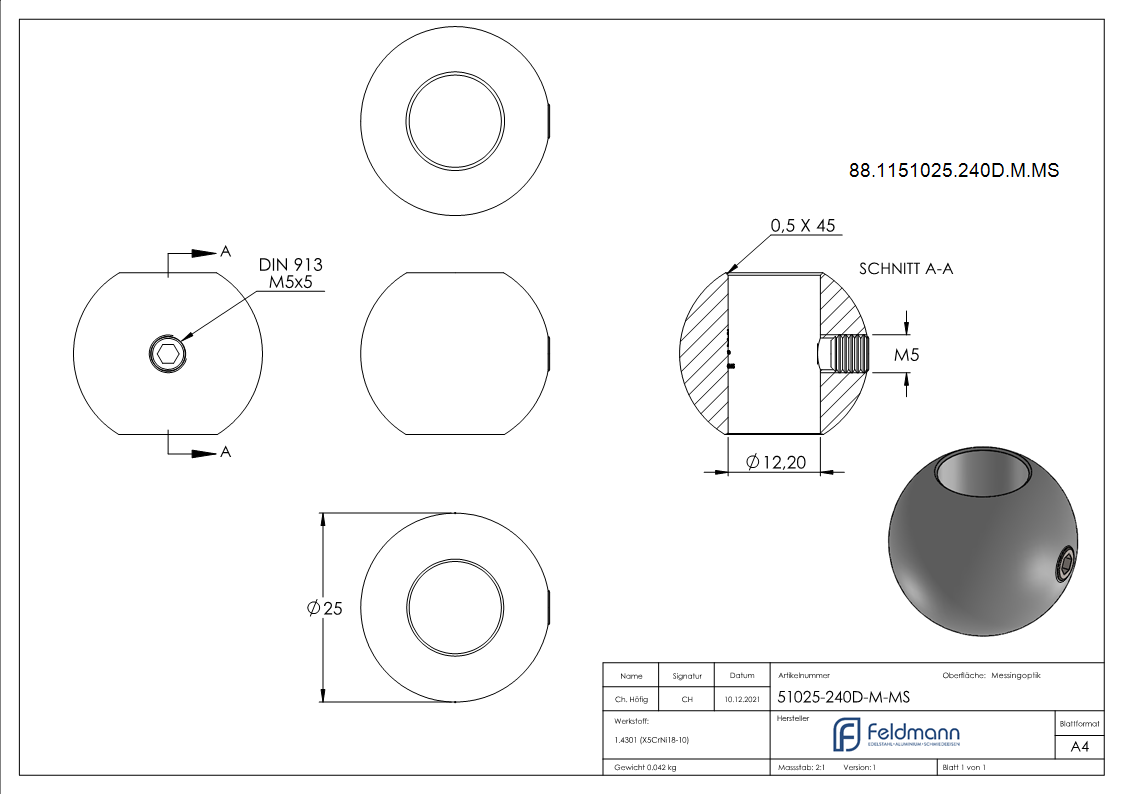 Boule en laiton Ø 25mm avec trou DG 12.2mm
