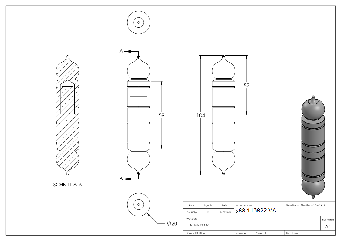 VA - charnière de portail lisse 20mm mandrin 11mm