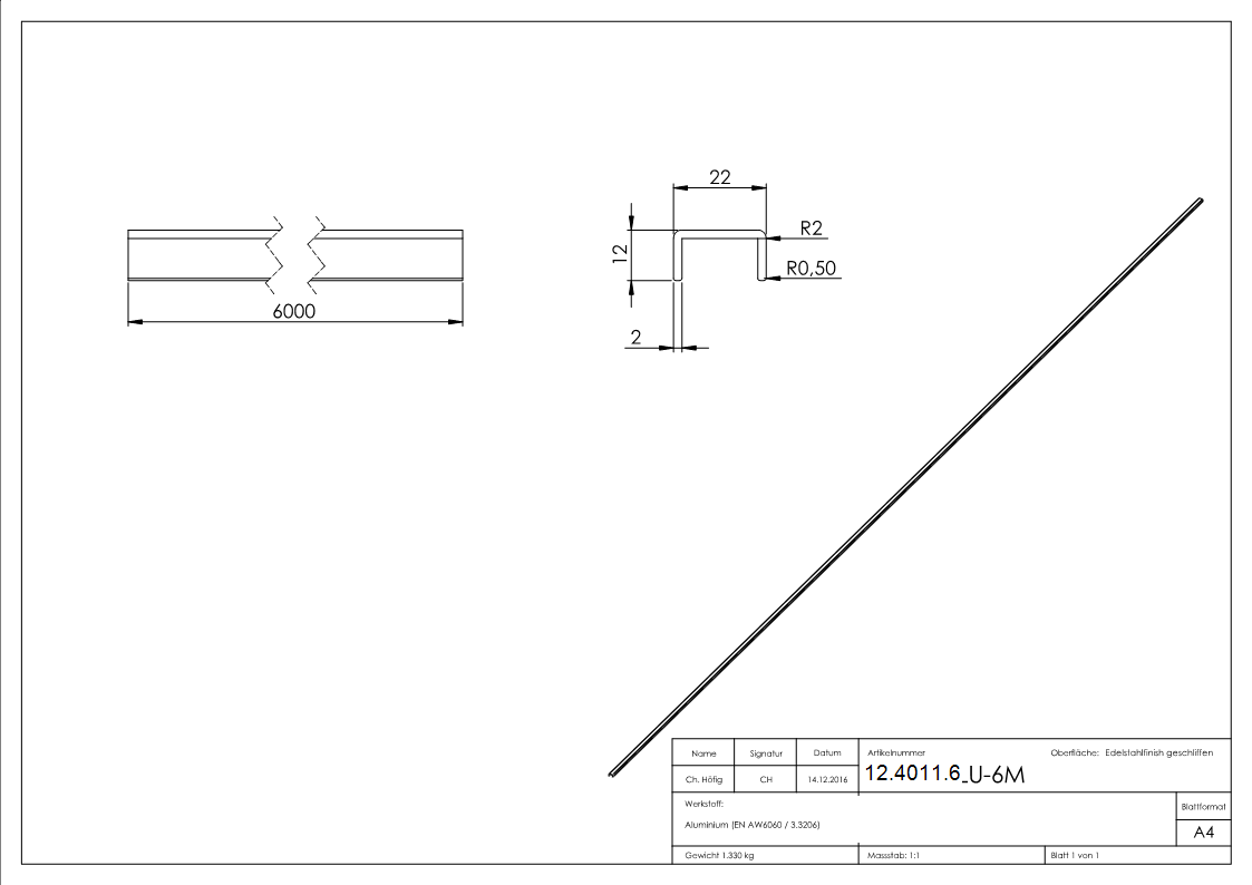 protection des bords | dimensions : 22x12x2 mm | longueur : 6000 mm | aluminium elox. E4/EV1