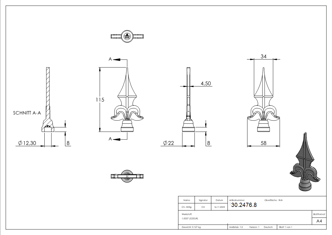 Pointe du guide 20 mm avec 125 mm de hauteur trou 12,3 mm