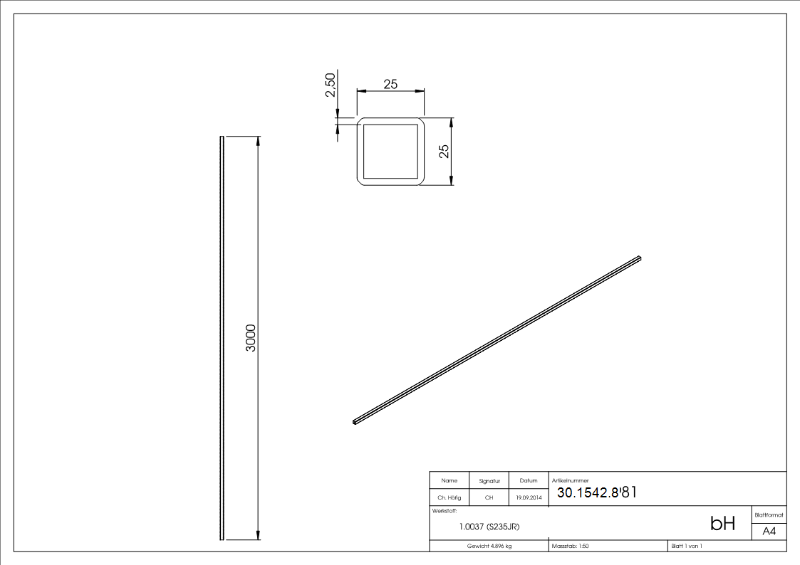 Tube carré | martelé | dimensions : 25x25x2,5 mm | longueur : 3000 mm | acier S235JR, brut