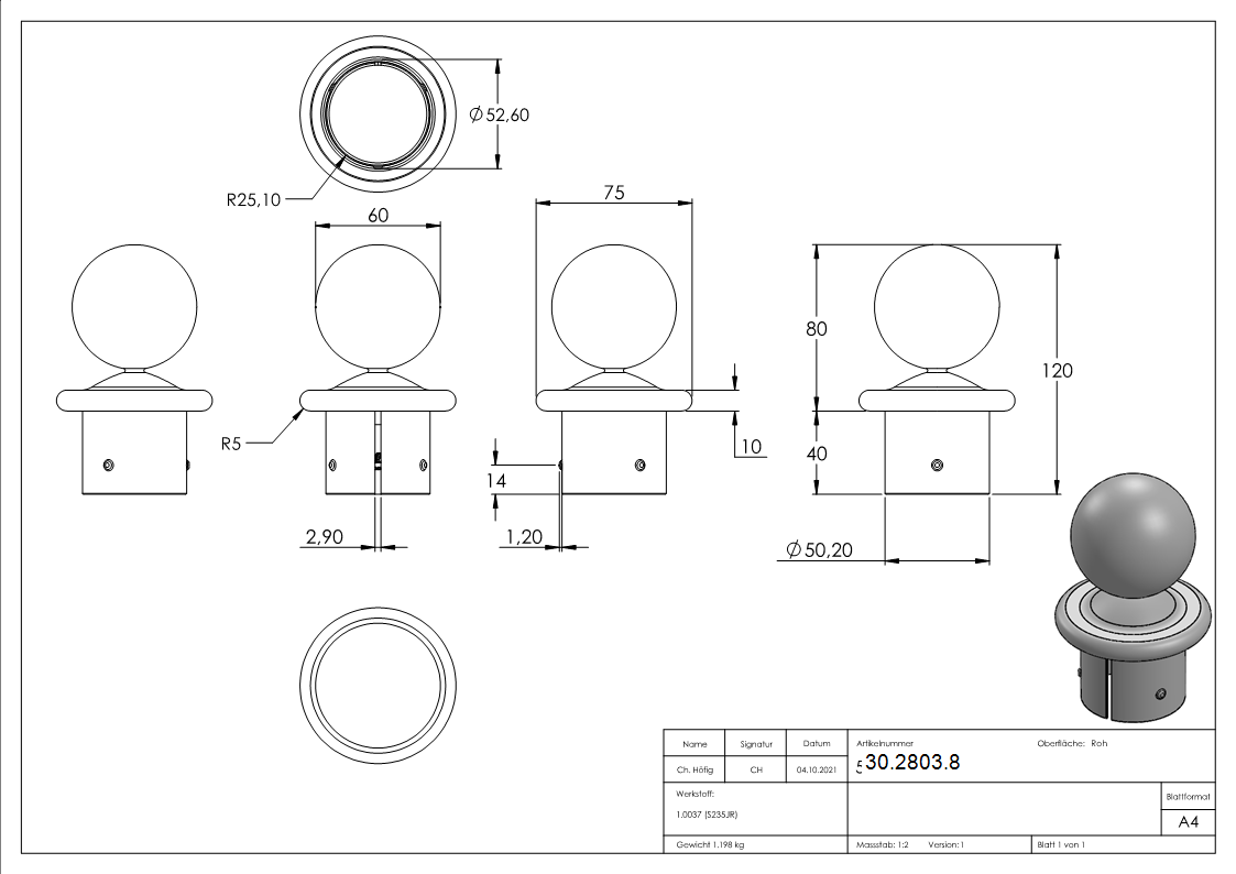 Bouton de tuyau à bille pour Ø 60.3x2.5-2.9 mm | Acier S235JR, brut