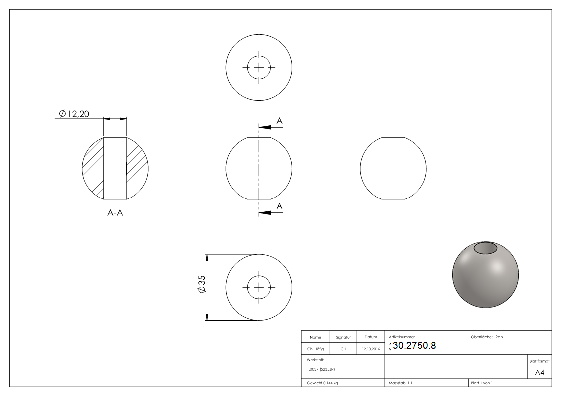 Boule Ø 35 mm | avec trou de passage 12,2 mm | acier S235JR, brut