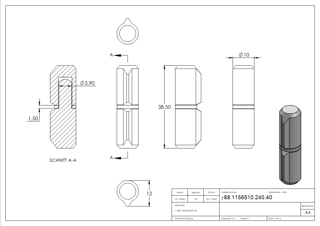 Sangle à souder, longueur : 40mm, embout fixe, V2A