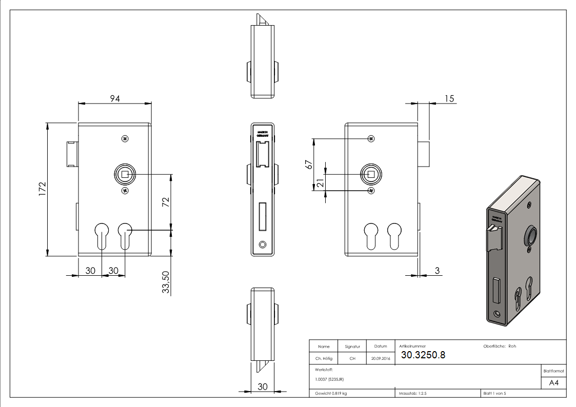 Boîtier de serrure | pour 2 cylindres profilés | dimensions : 30x94x172 mm | acier S235JR, brut