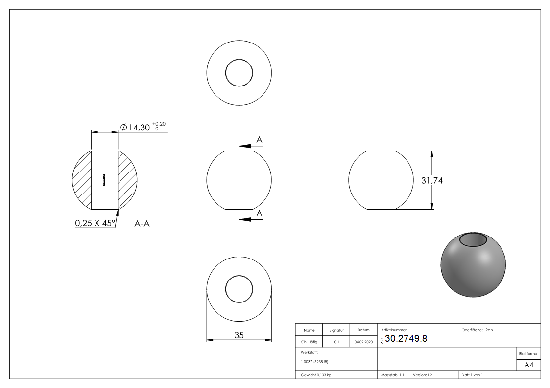 Boule Ø 35 mm | avec trou de passage 14,2 mm | acier S235JR, brut