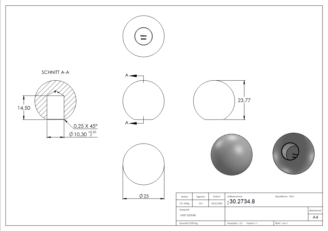 Boule Ø 25 mm | avec trou borgne 10.2 mm | acier S235JR, brut