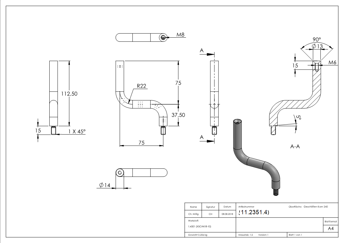 Equerre | Ø 14 mm | coudée avec filetage intérieur et extérieur | V2A