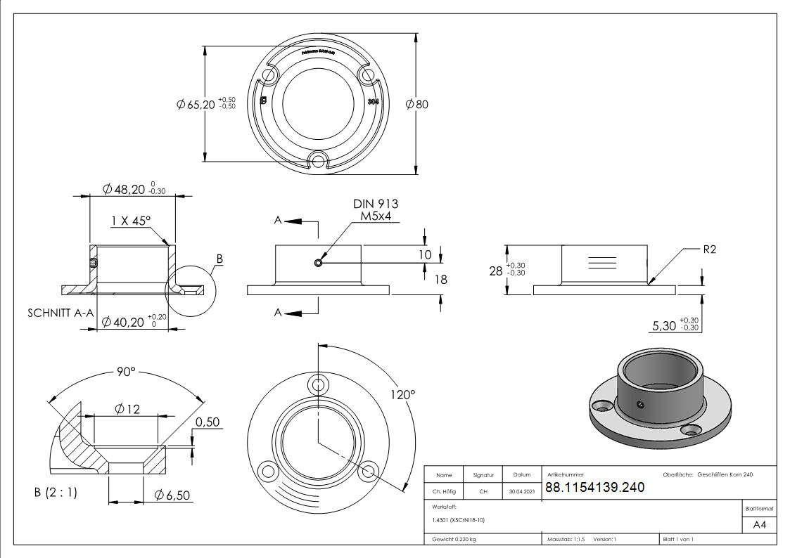 Ancrage au sol pour tuyau 40.0mm, V2A
