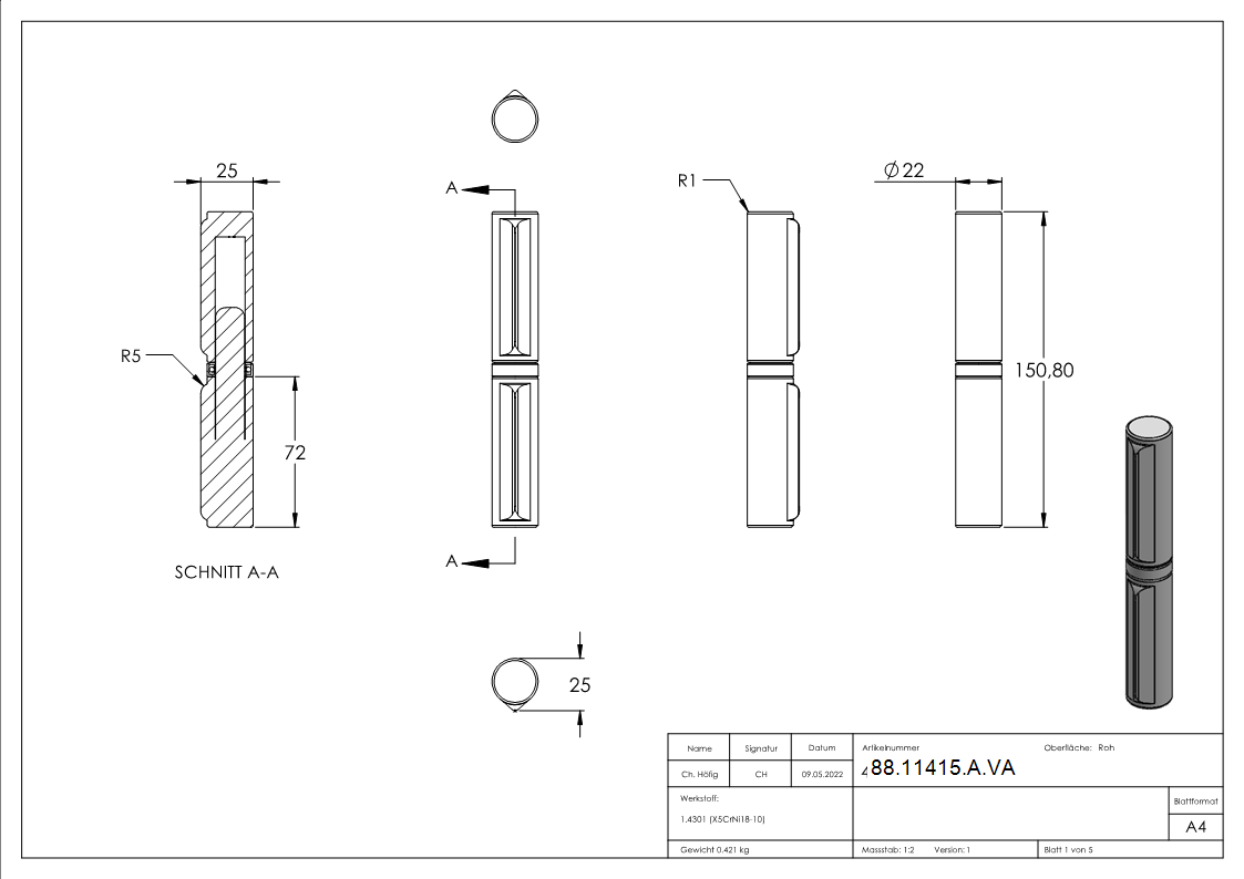 Charnière pour soudure en acier inoxydable V2A