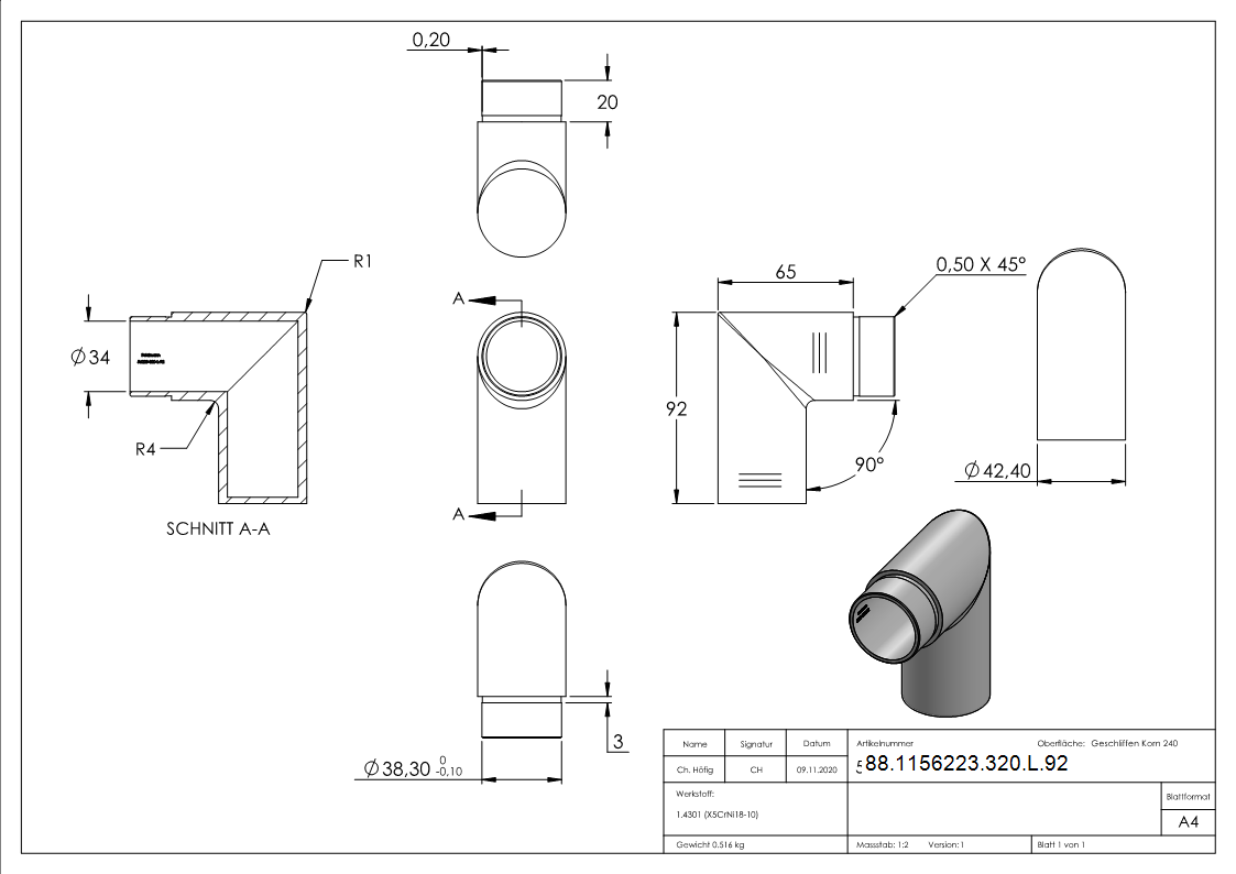 Embout 90°, pour tube 42.4 x 2.0mm, comme embout