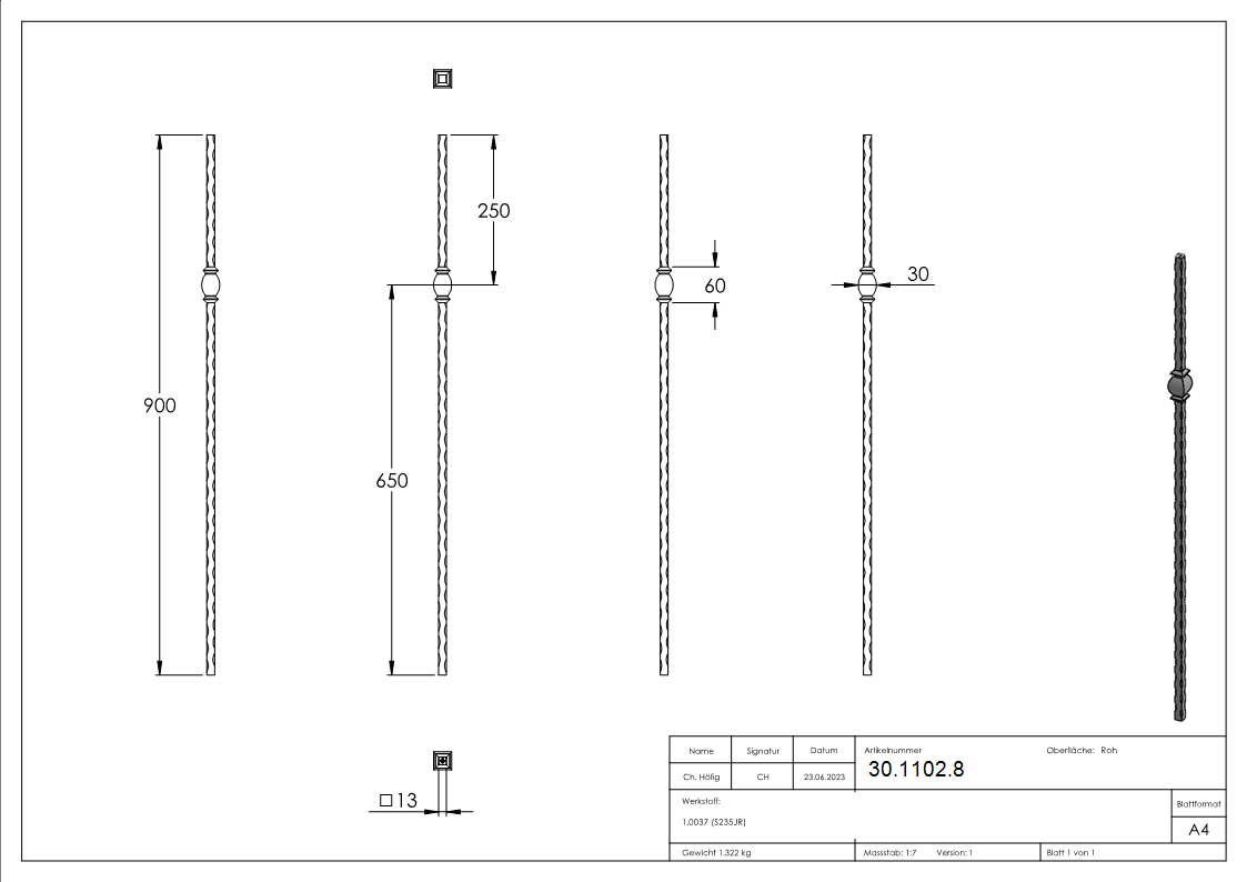 barre intermédiaire | longueur : 900 mm | matériau : 13x13 mm | martelé | acier S235JR, brut